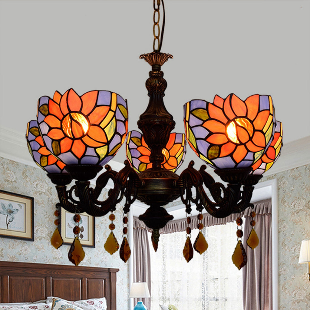 Floral and Crystal Tiffany Style Stained Glass Chandelier