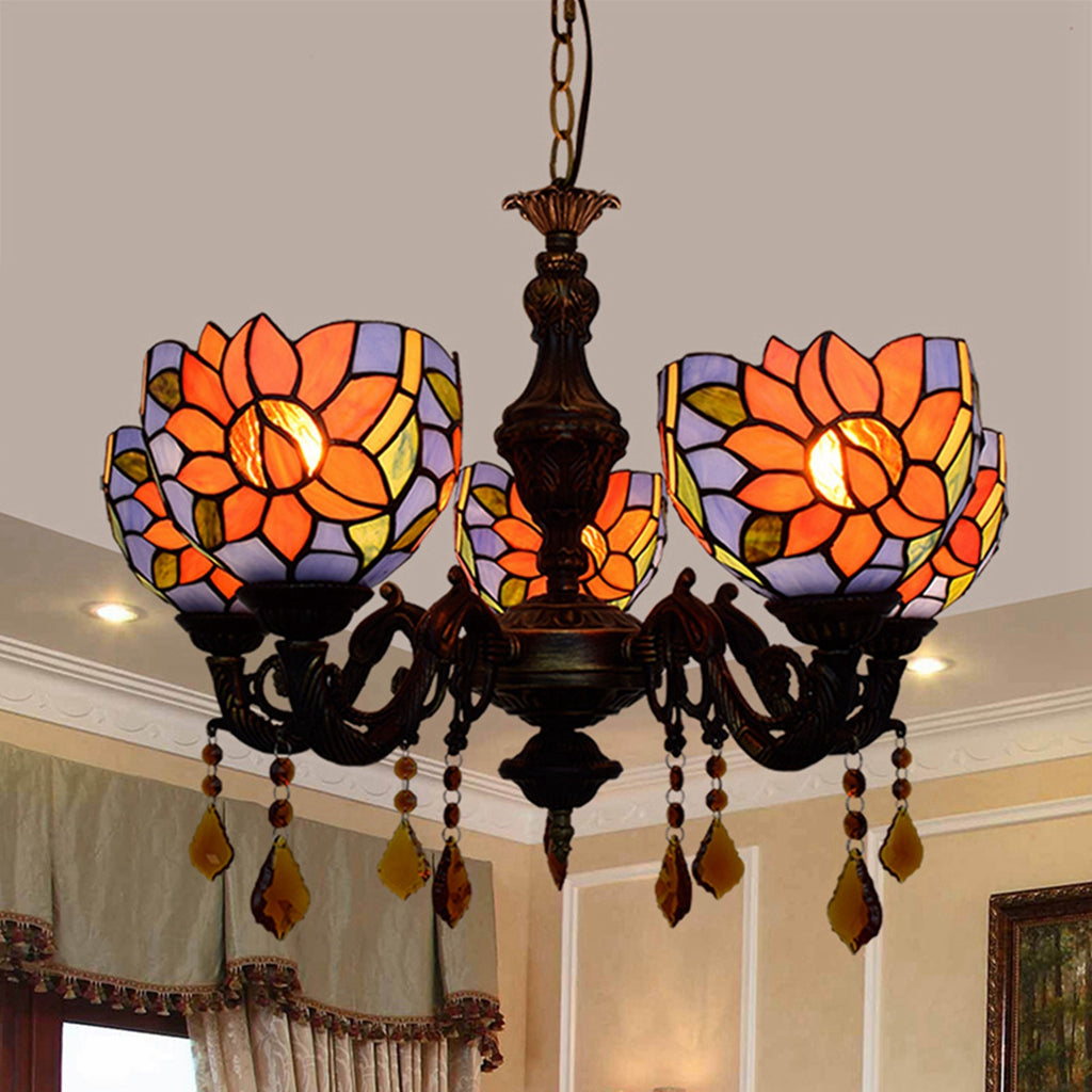 Floral and Crystal Tiffany Style Stained Glass Chandelier