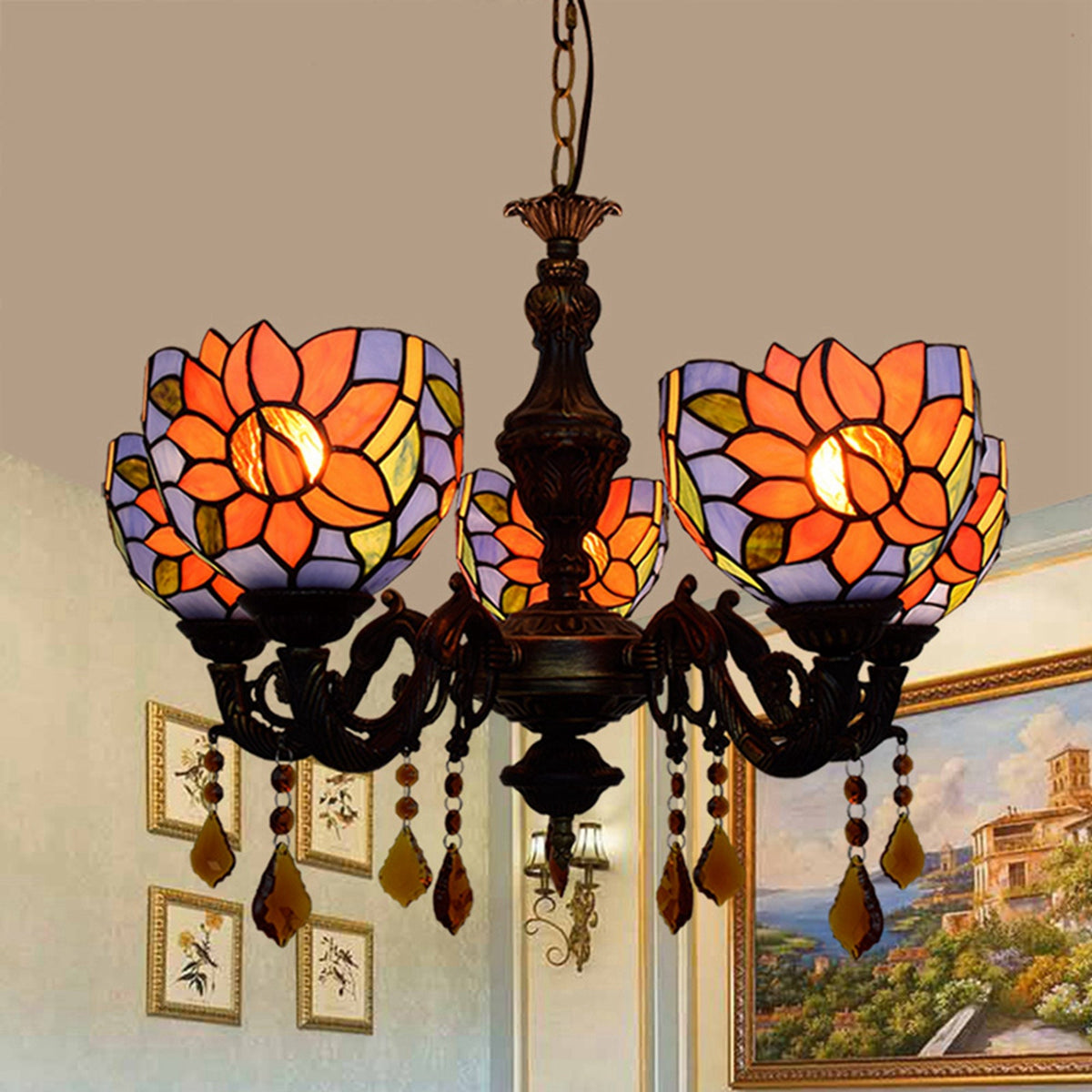 Floral and Crystal Tiffany Style Stained Glass Chandelier