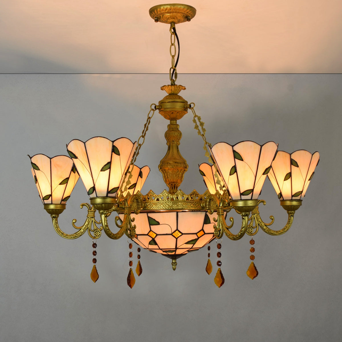 Tiffany Style Chandelier in Floral Stained Glass, Bronze