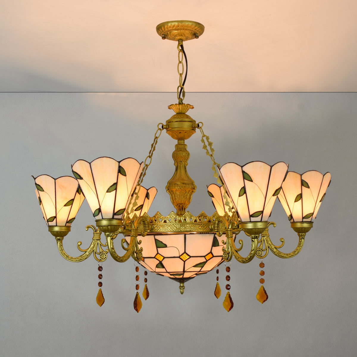 Tiffany Style Chandelier in Floral Stained Glass, Bronze