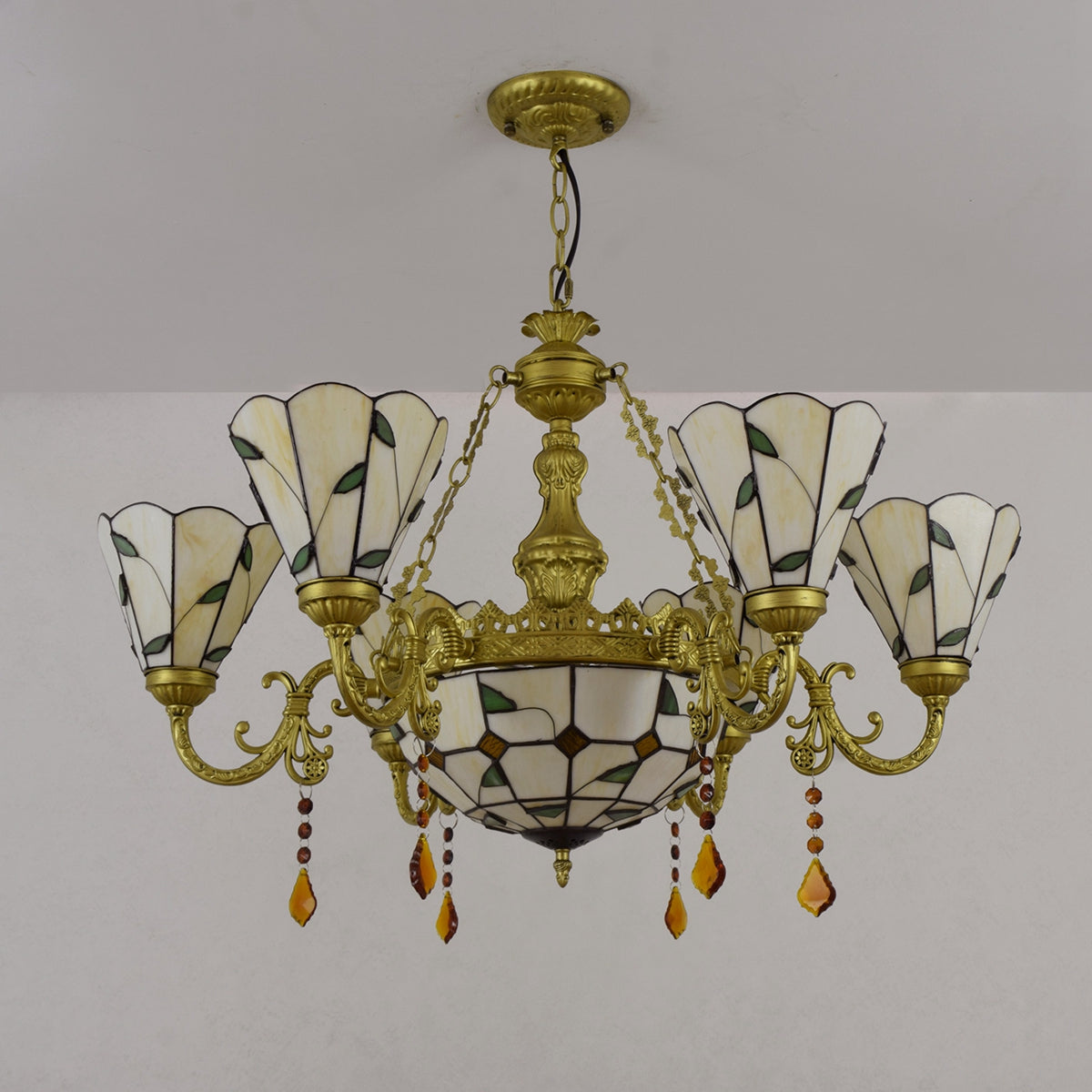 Tiffany Style Chandelier in Floral Stained Glass, Bronze