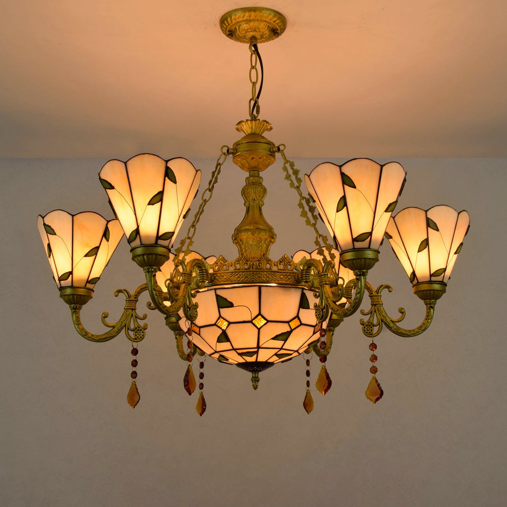 Tiffany Style Chandelier in Floral Stained Glass, Bronze