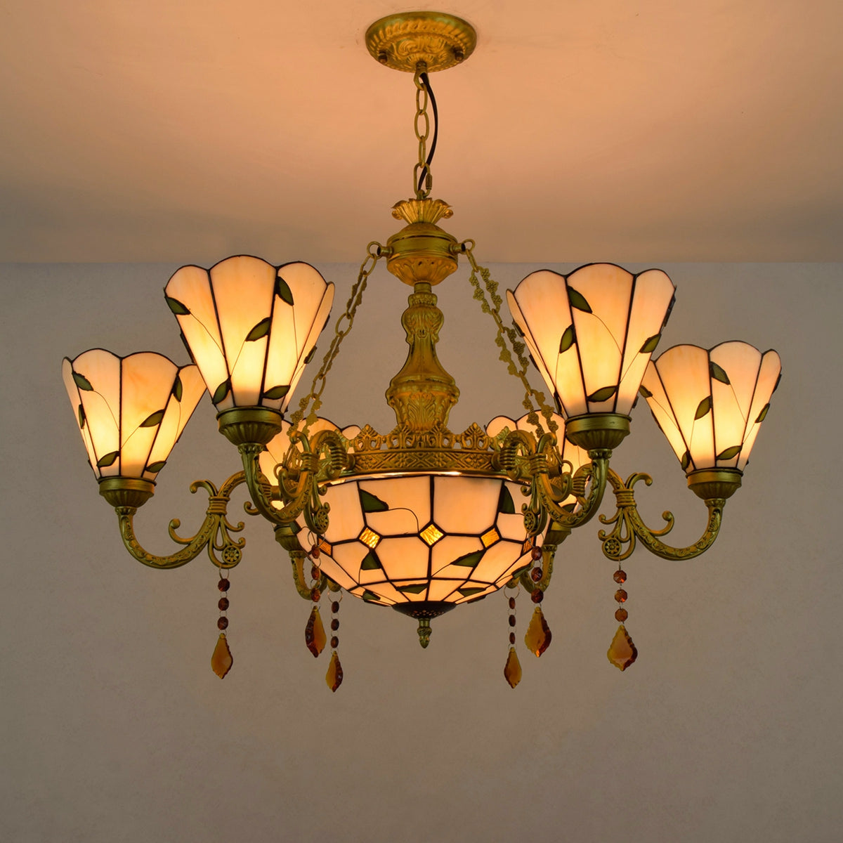 Tiffany Style Chandelier in Floral Stained Glass, Bronze