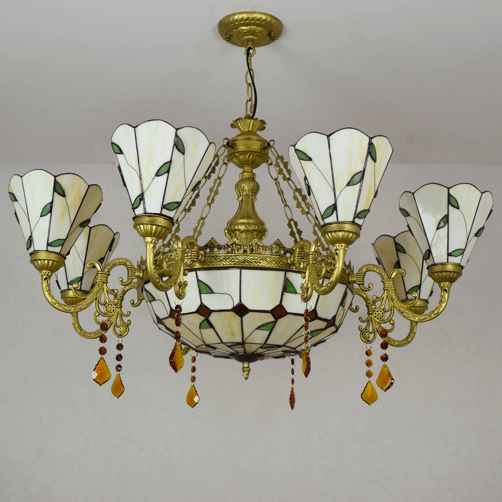 Stained Glass Chandelier with Leaf and Bronze Patterns
