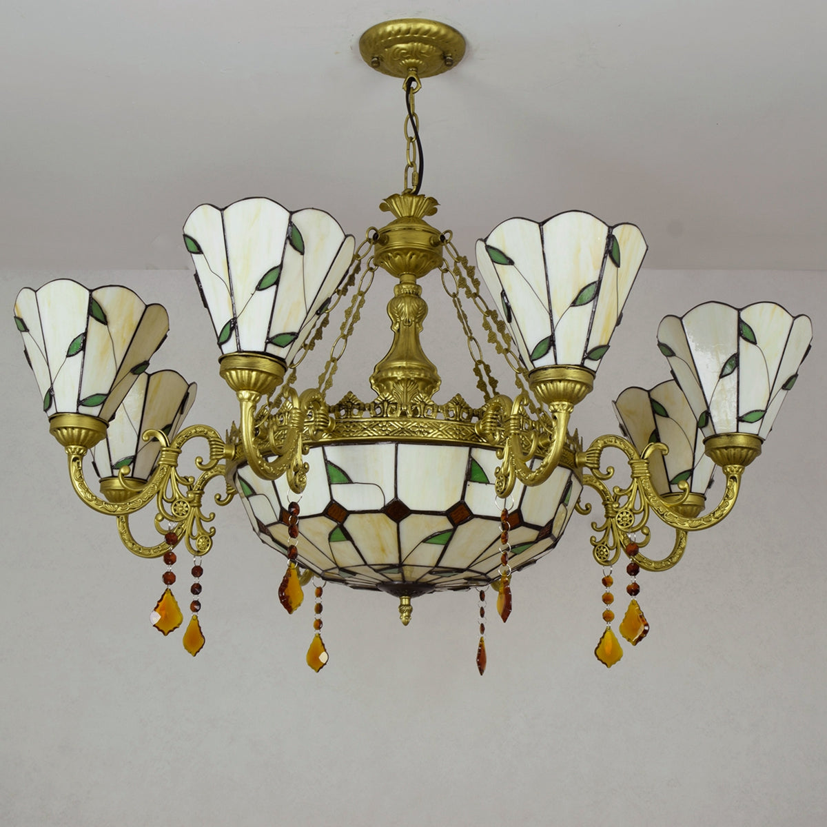 Stained Glass Chandelier with Leaf and Bronze Patterns