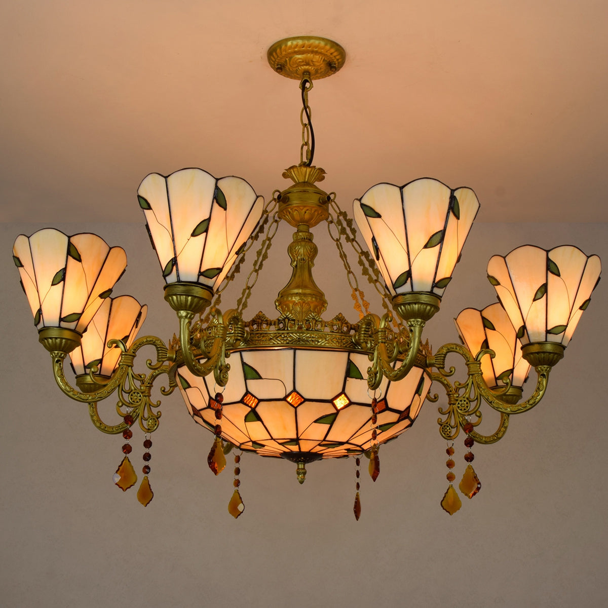 Stained Glass Chandelier with Leaf and Bronze Patterns