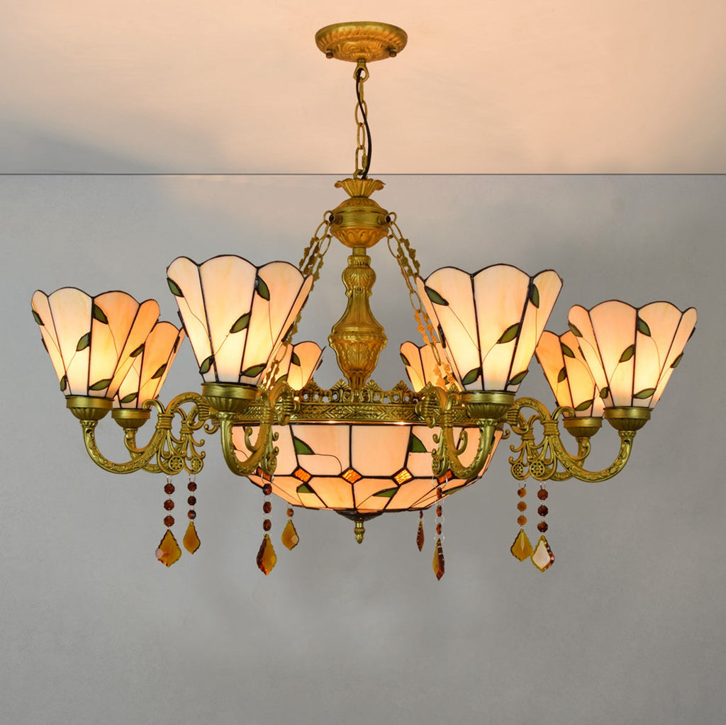 Stained Glass Chandelier with Leaf and Bronze Patterns
