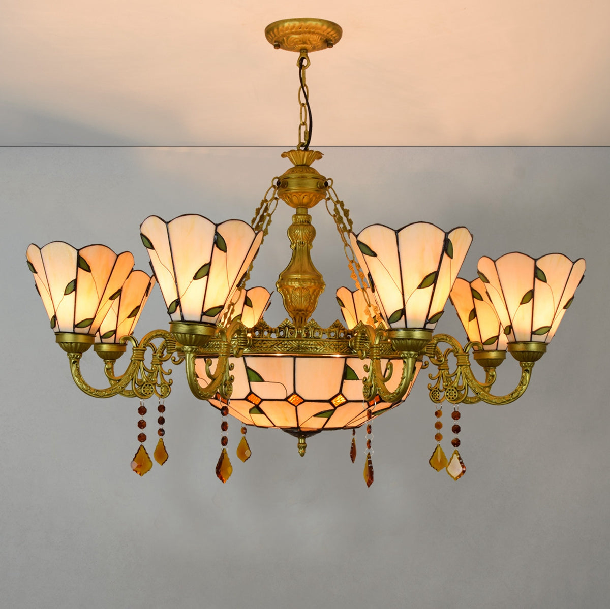 Stained Glass Chandelier with Leaf and Bronze Patterns