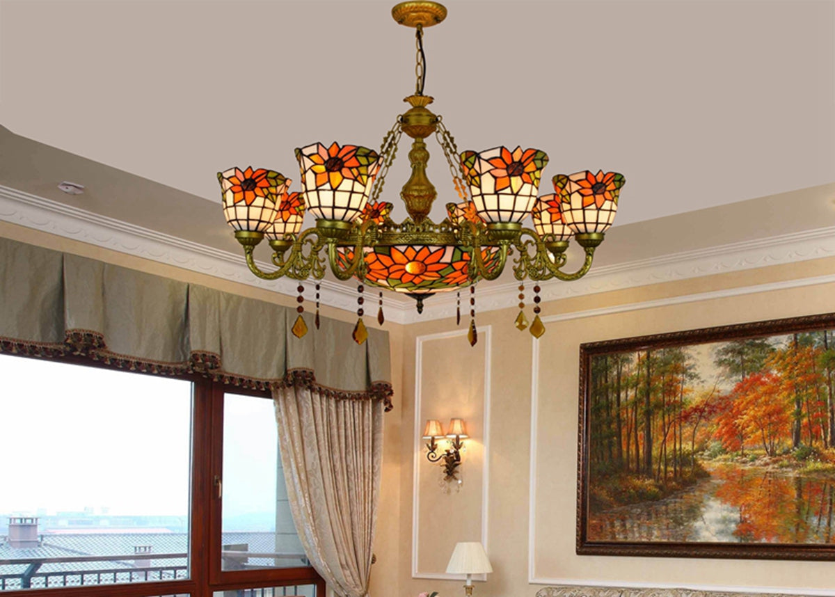 6-Light Sunflower Tiffany Stained Glass Chandelier