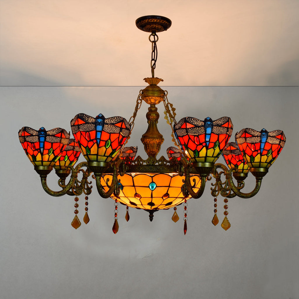 Tiffany Stained Glass Chandelier with Dragonfly Motif