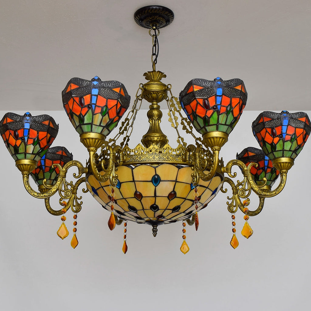 Tiffany Stained Glass Chandelier with Dragonfly Motif