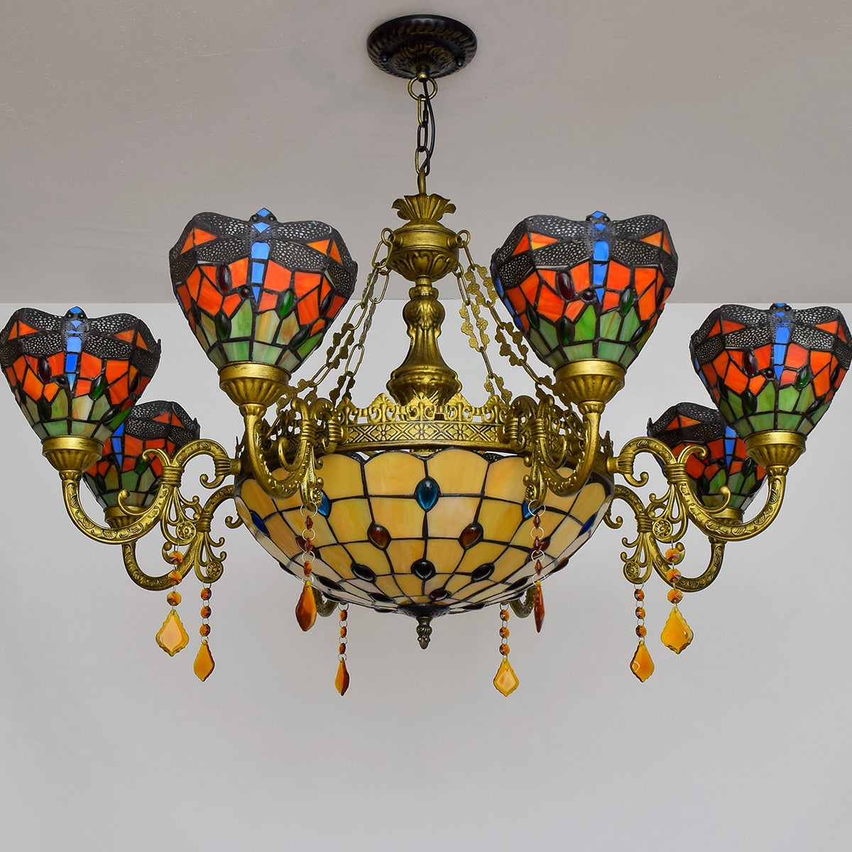 Tiffany Stained Glass Chandelier with Dragonfly Motif
