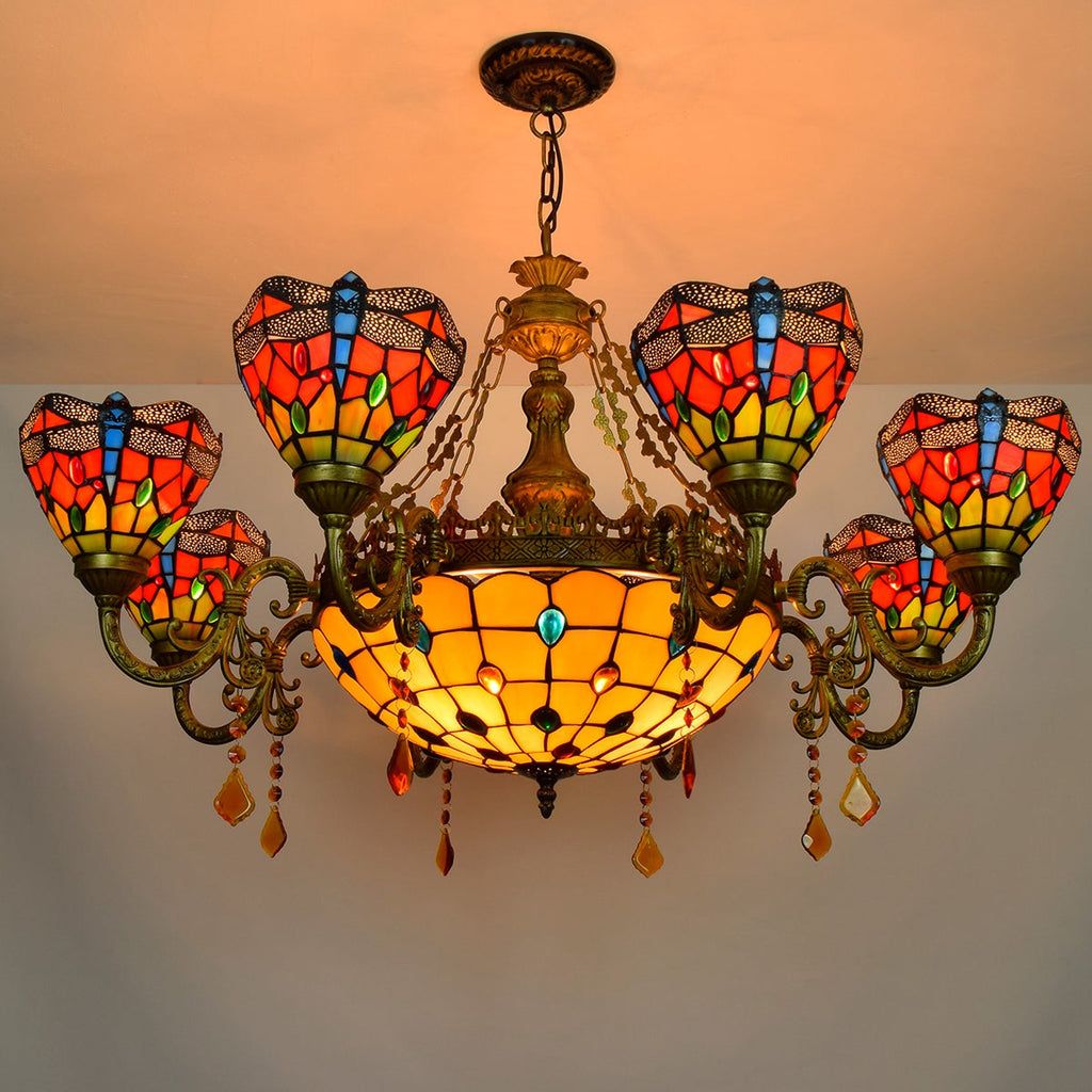 Tiffany Stained Glass Chandelier with Dragonfly Motif