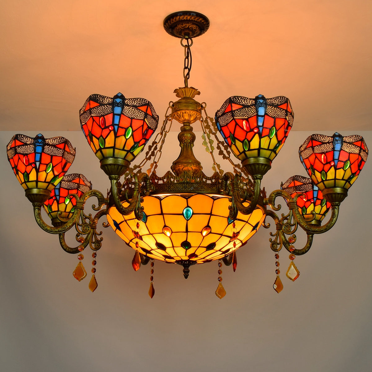 Tiffany Stained Glass Chandelier with Dragonfly Motif