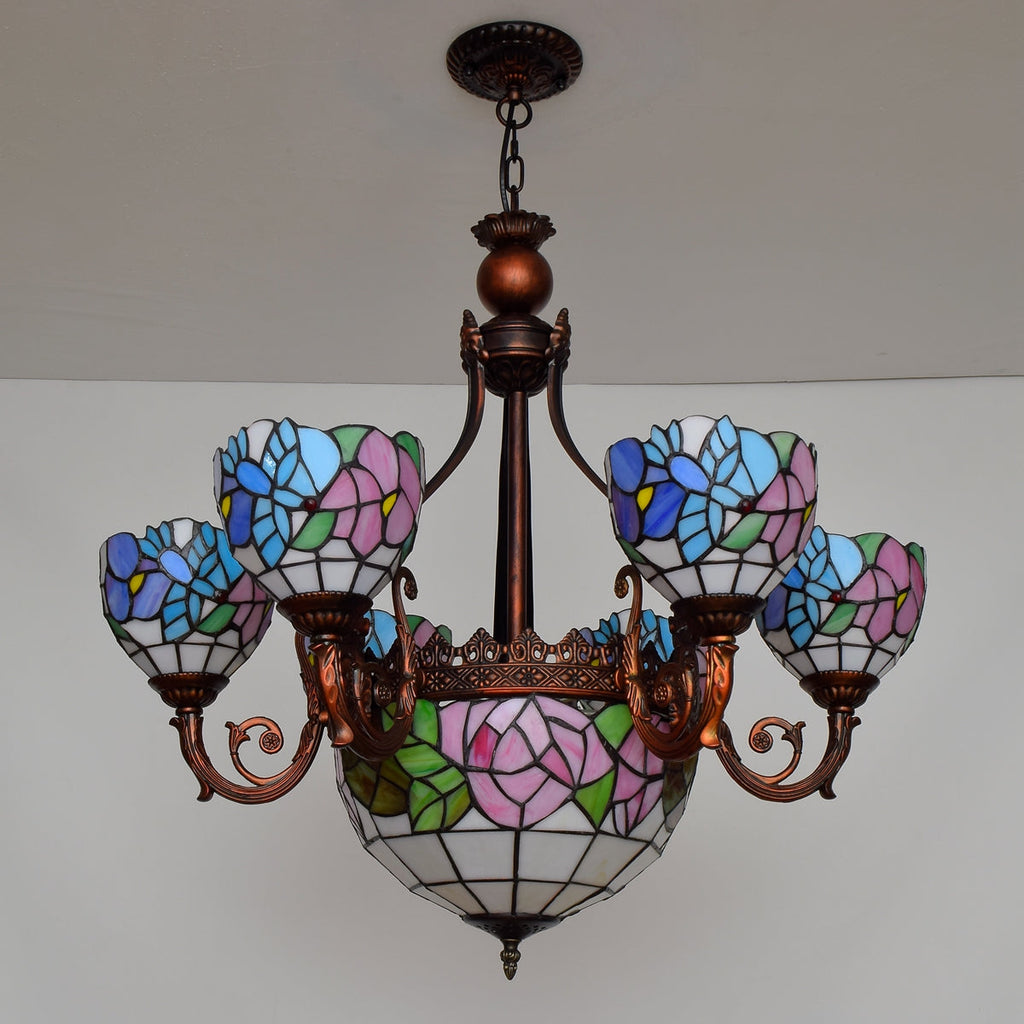 Multicolored Floral Tiffany Stained Glass Chandelier