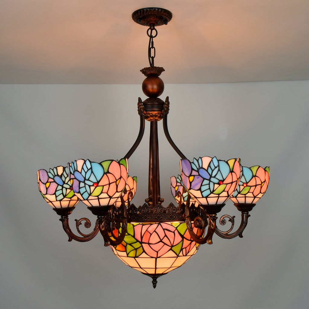 Multicolored Floral Tiffany Stained Glass Chandelier