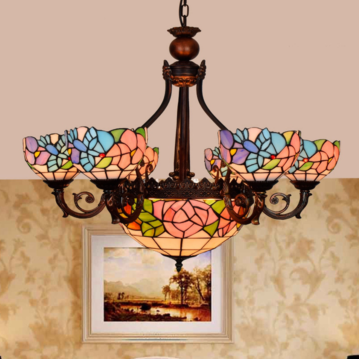 Multicolored Floral Tiffany Stained Glass Chandelier