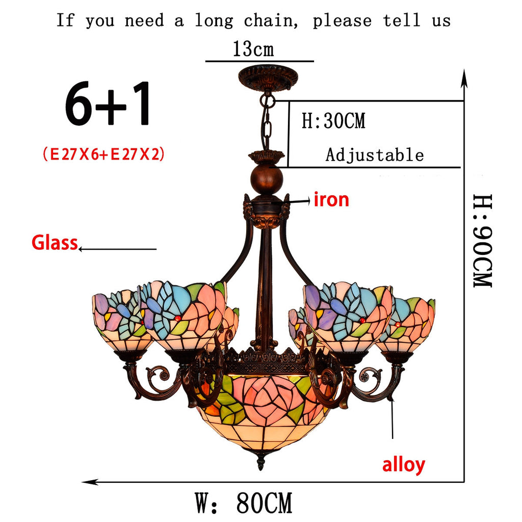 Multicolored Floral Tiffany Stained Glass Chandelier