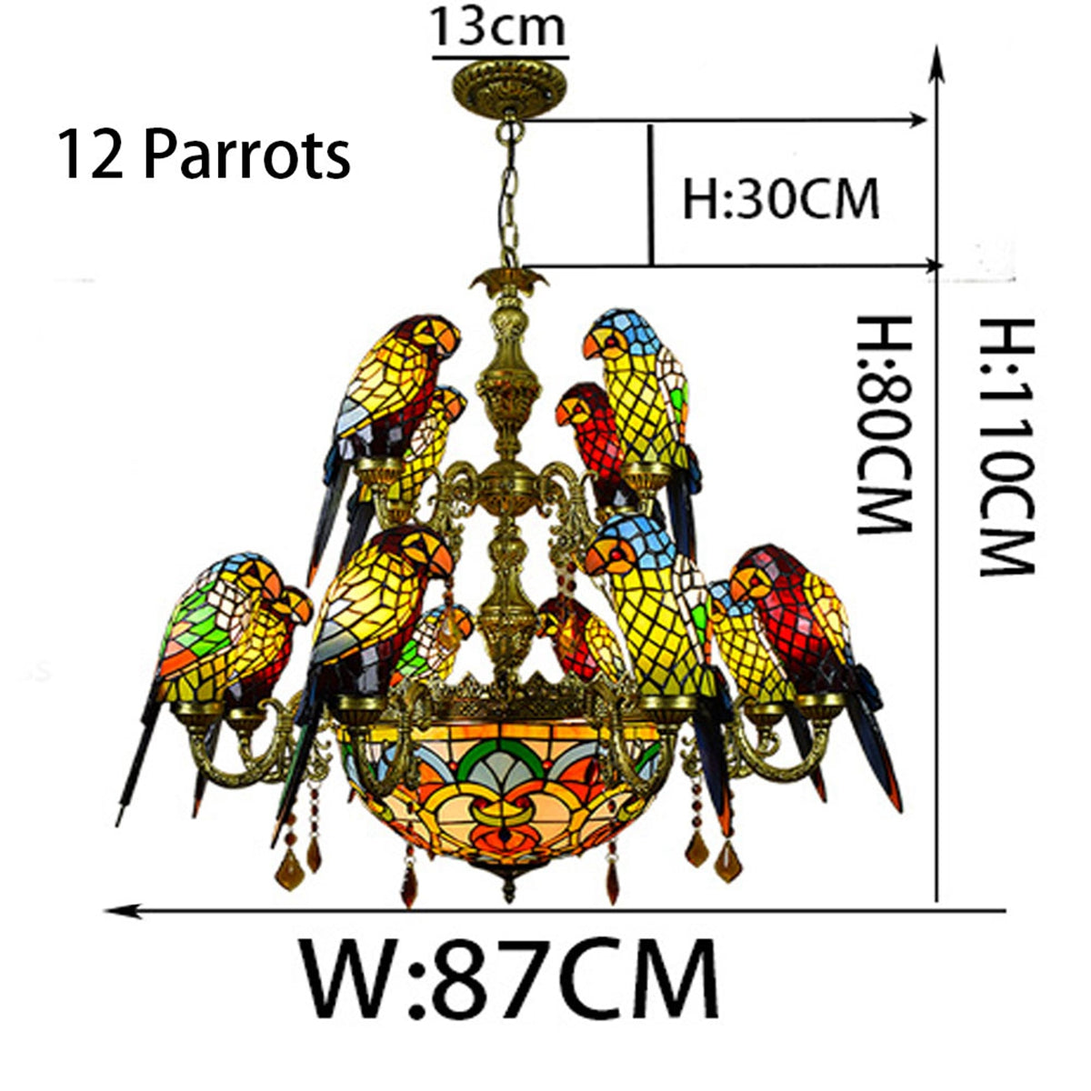 Tiffany Style Chandelier with Stained Glass Parrots