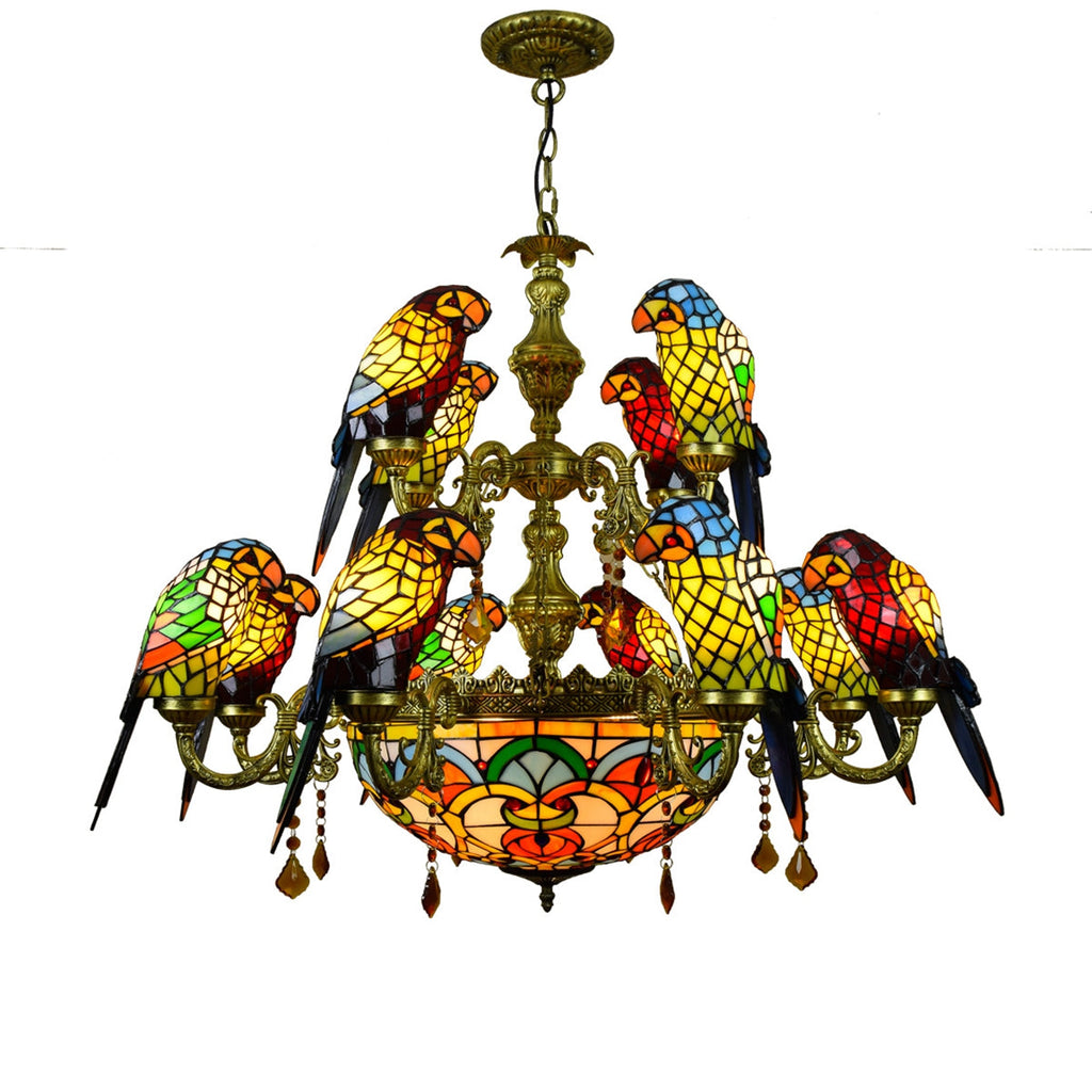 Tiffany Style Chandelier with Stained Glass Parrots