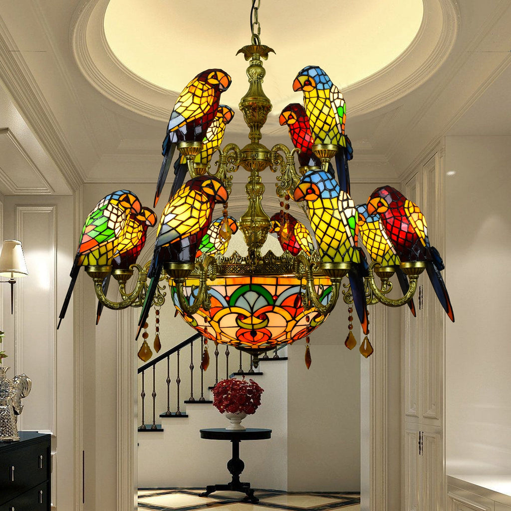 Tiffany Style Chandelier with Stained Glass Parrots