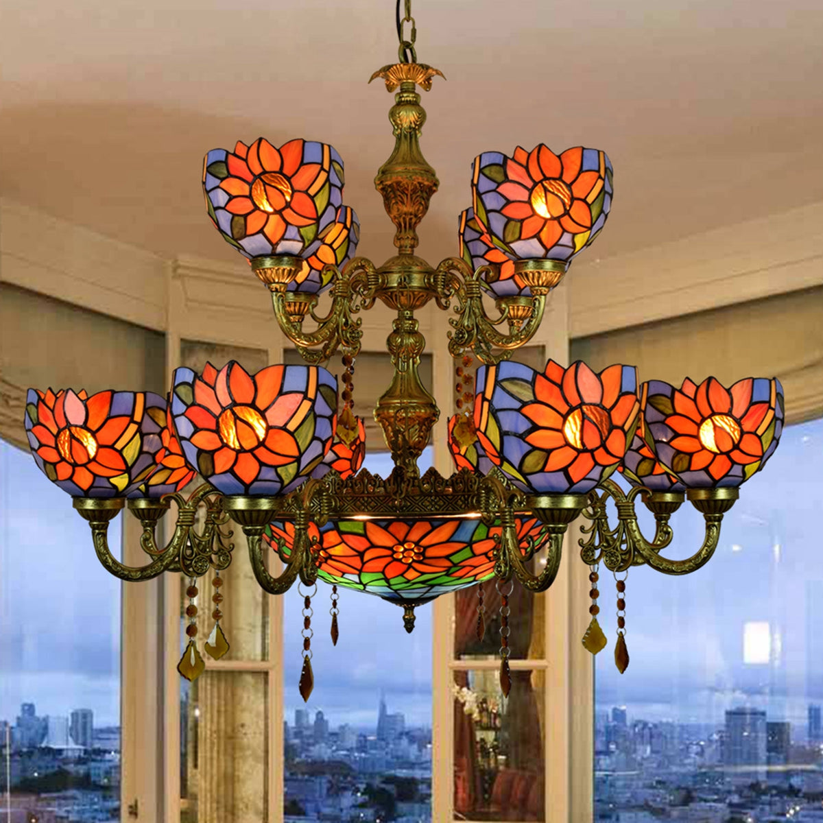 Floral Orange and Purple Tiffany Stained Glass Chandelier