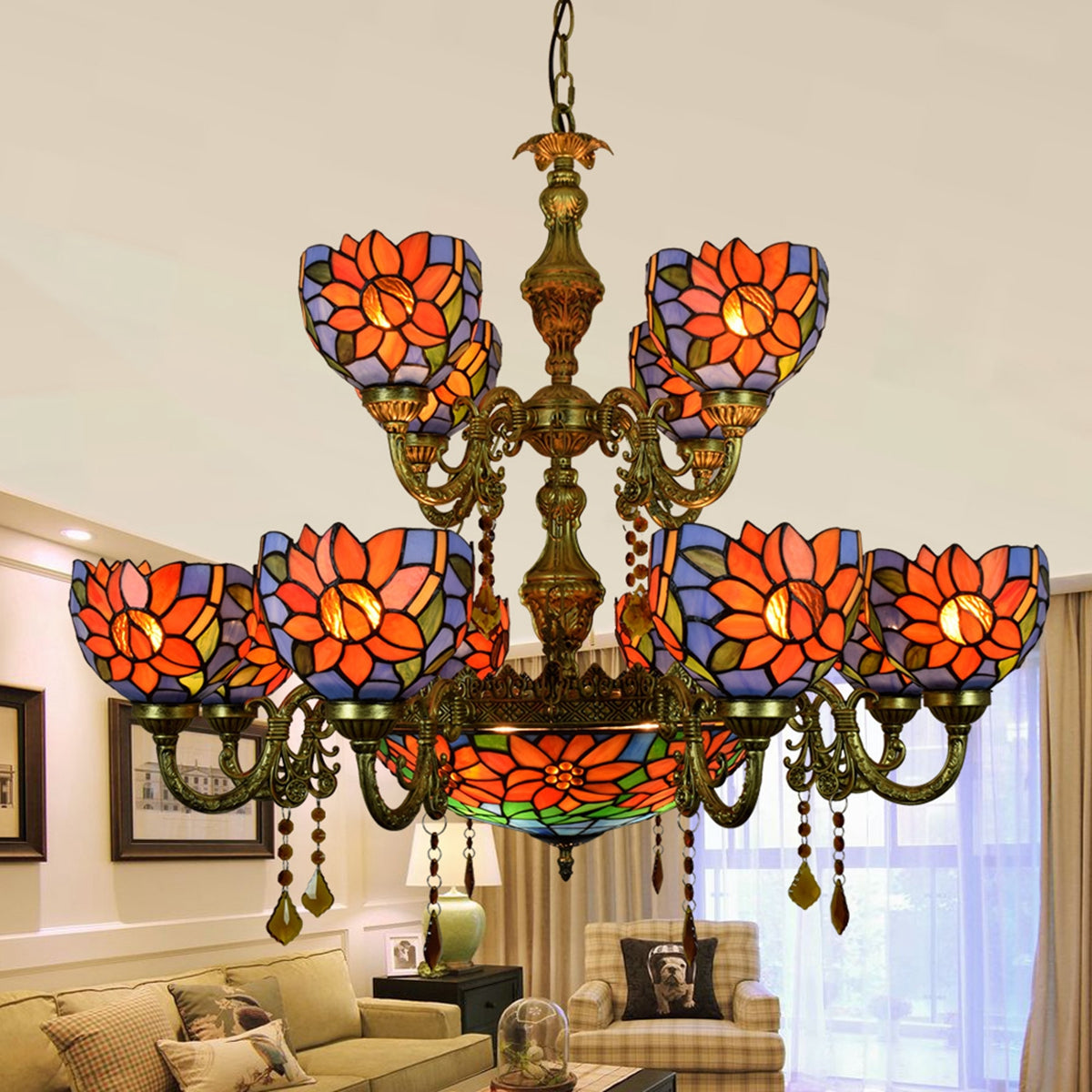 Floral Orange and Purple Tiffany Stained Glass Chandelier
