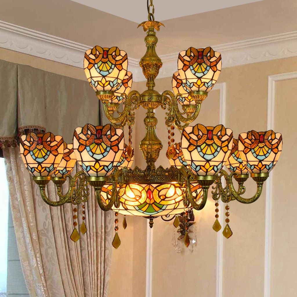 Ornate Tiffany Style Stained Glass Chandelier