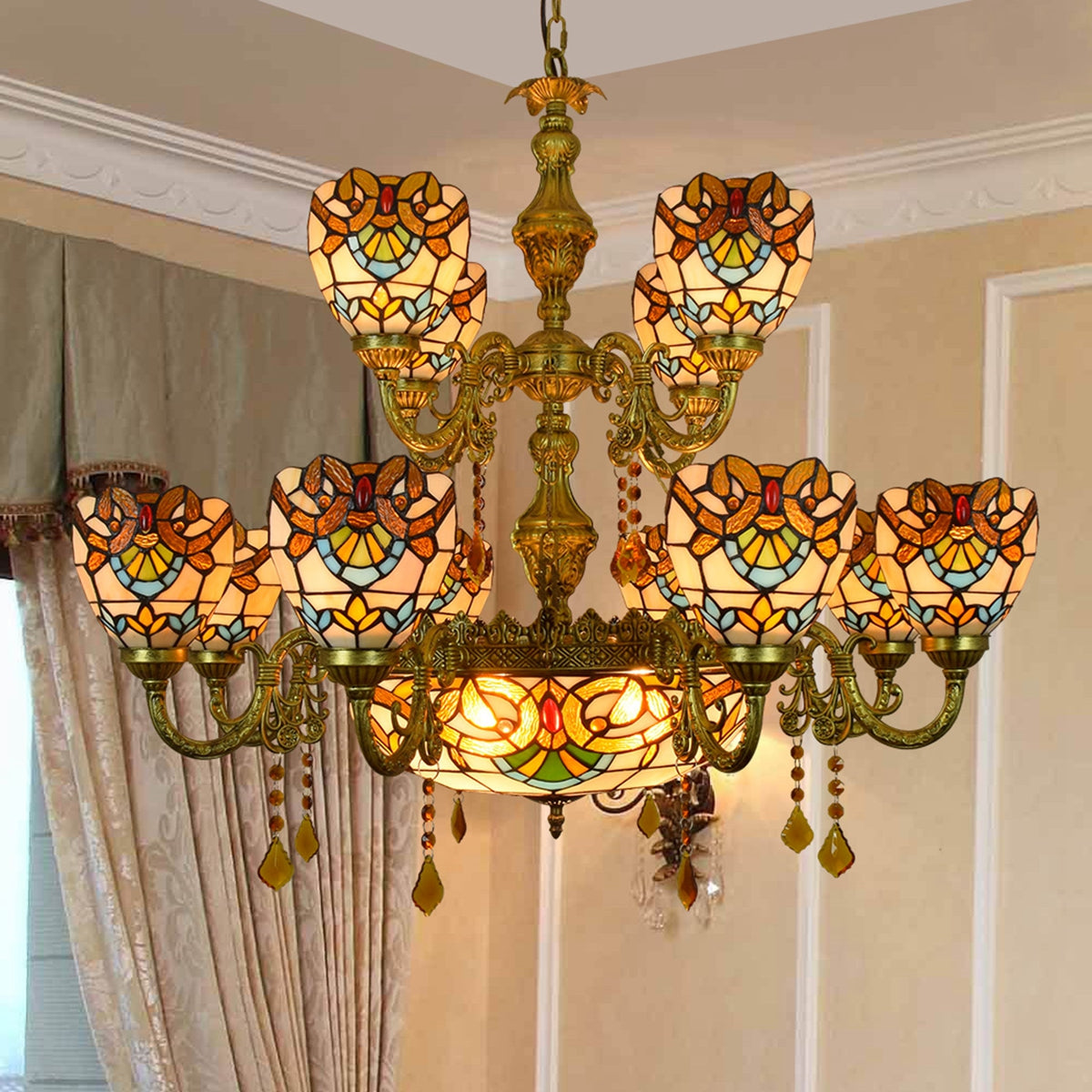 Ornate Tiffany Style Stained Glass Chandelier