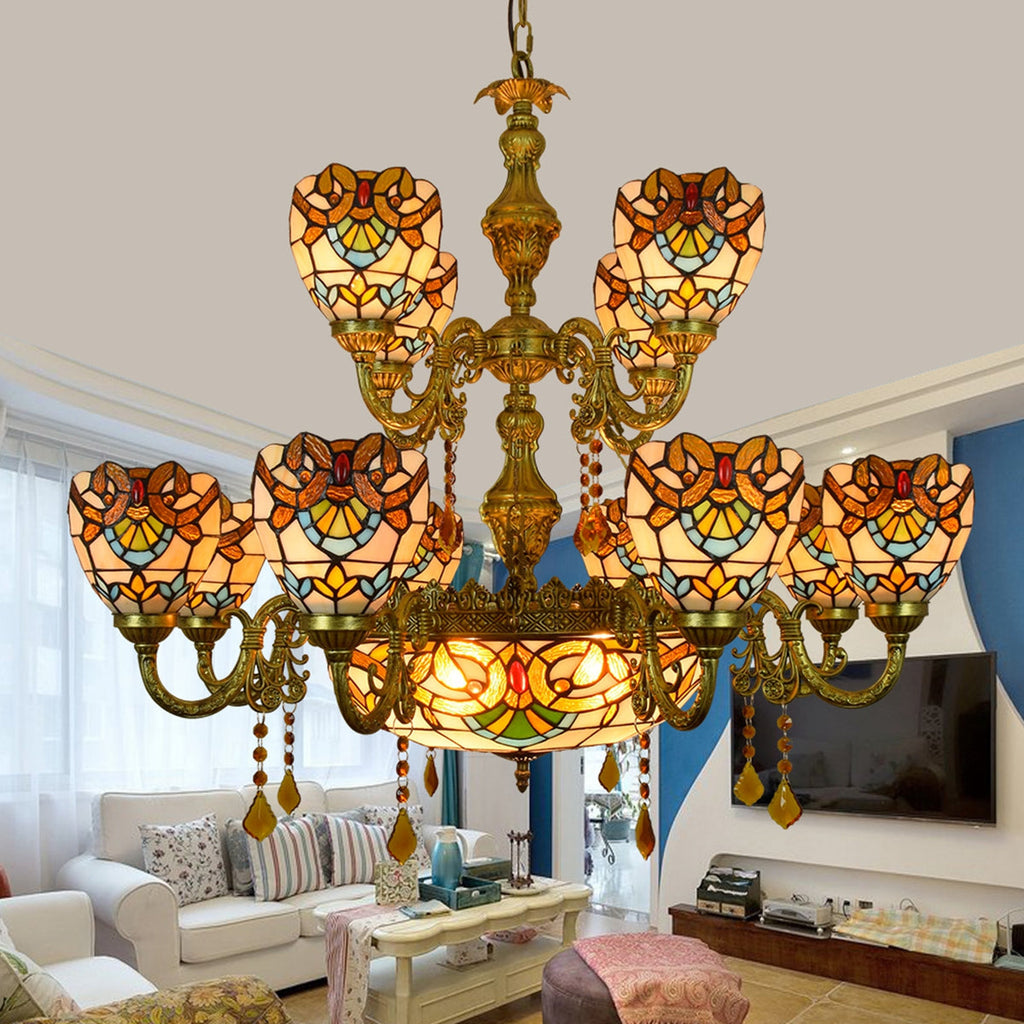 Ornate Tiffany Style Stained Glass Chandelier