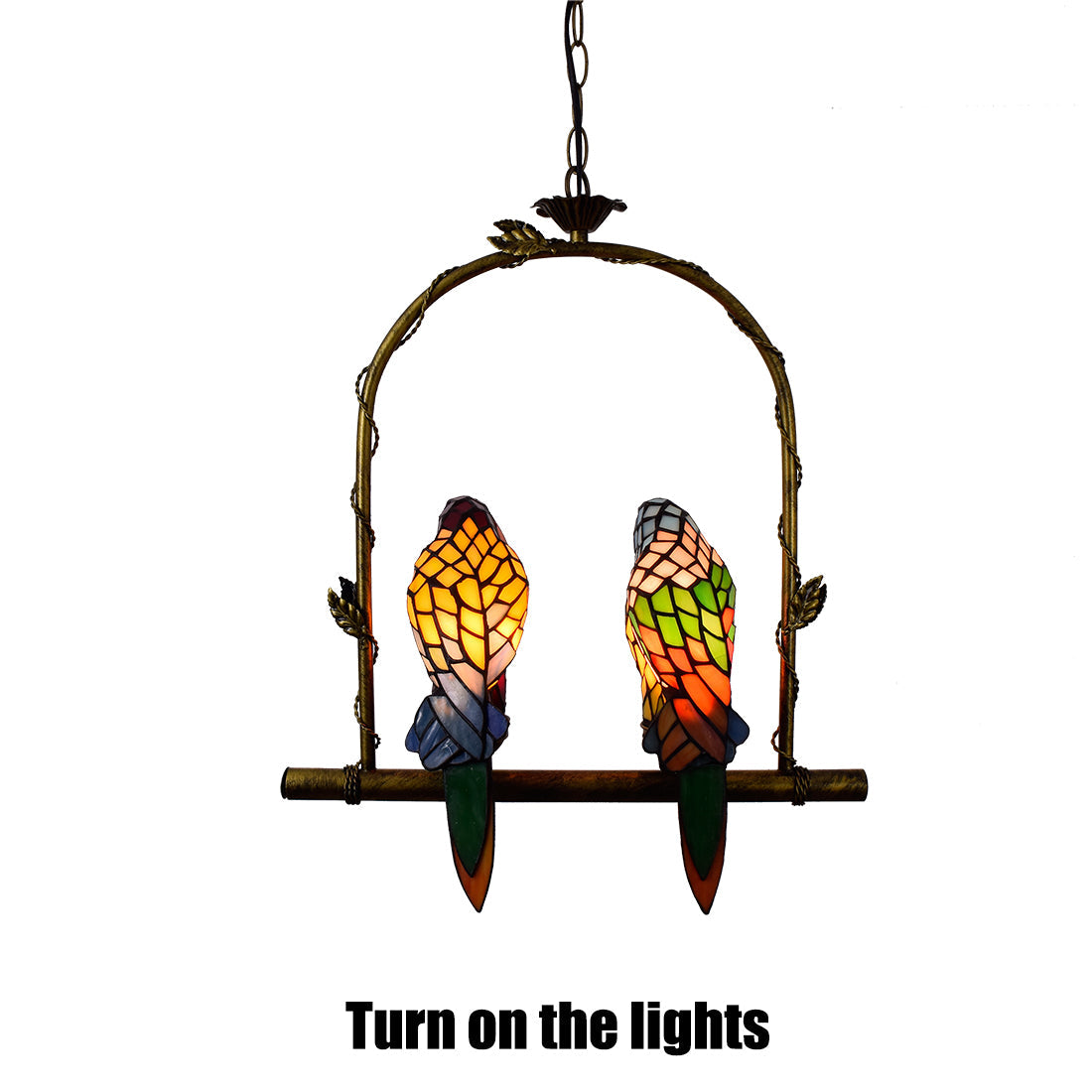Tiffany Stained Glass and Gilded Metal Parrot Chandelier