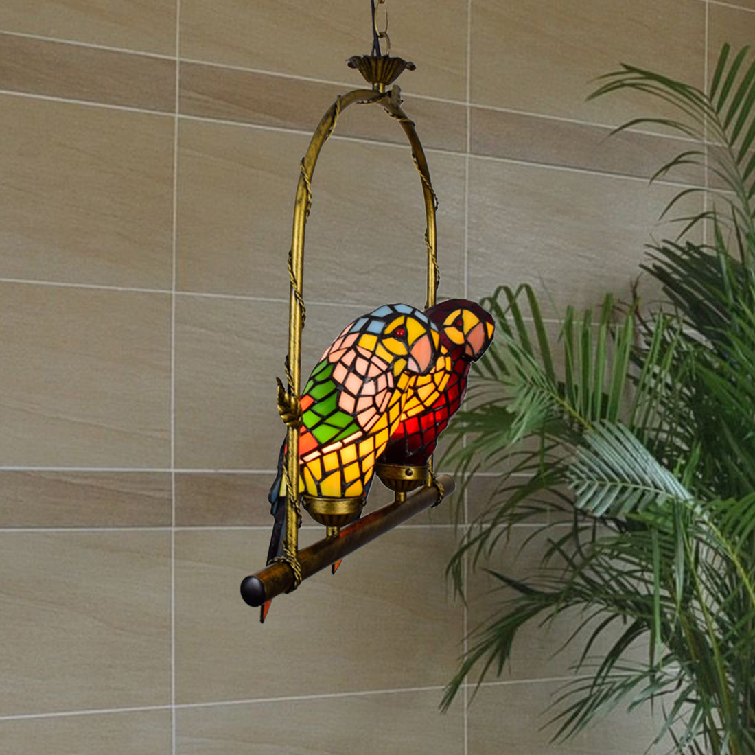 Tiffany Stained Glass and Gilded Metal Parrot Chandelier