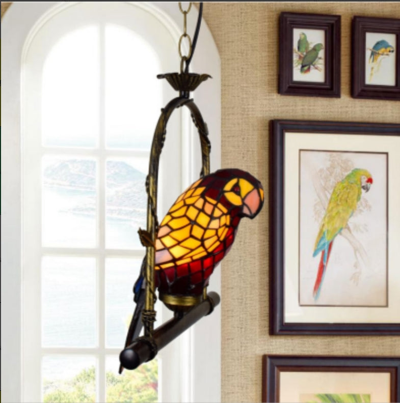 Antique Bronze Tiffany Stained Glass Parrot Pendant Light