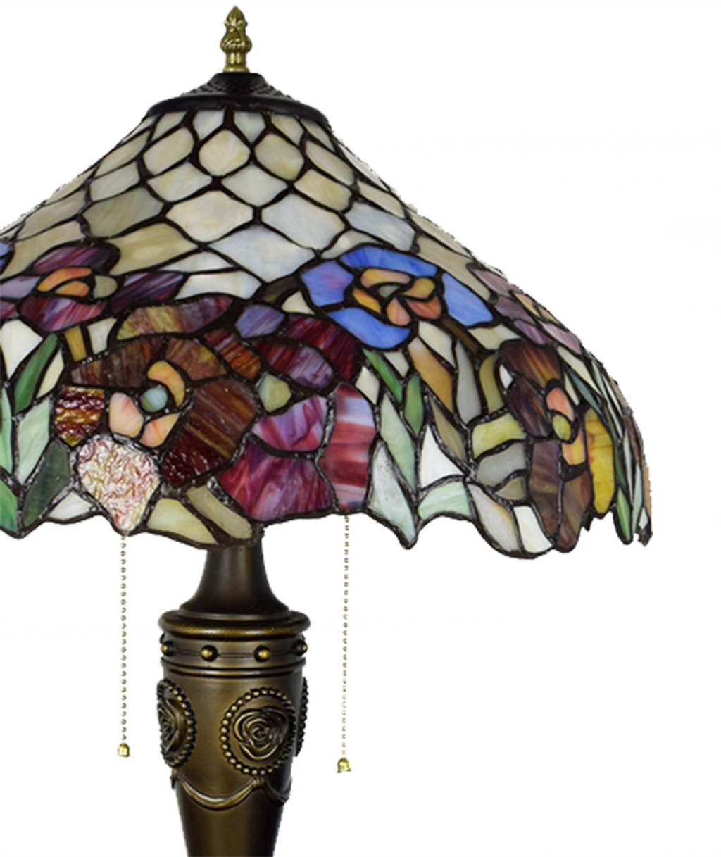 Tiffany Table Lamp with Floral Stained Glass and Carved Bronze