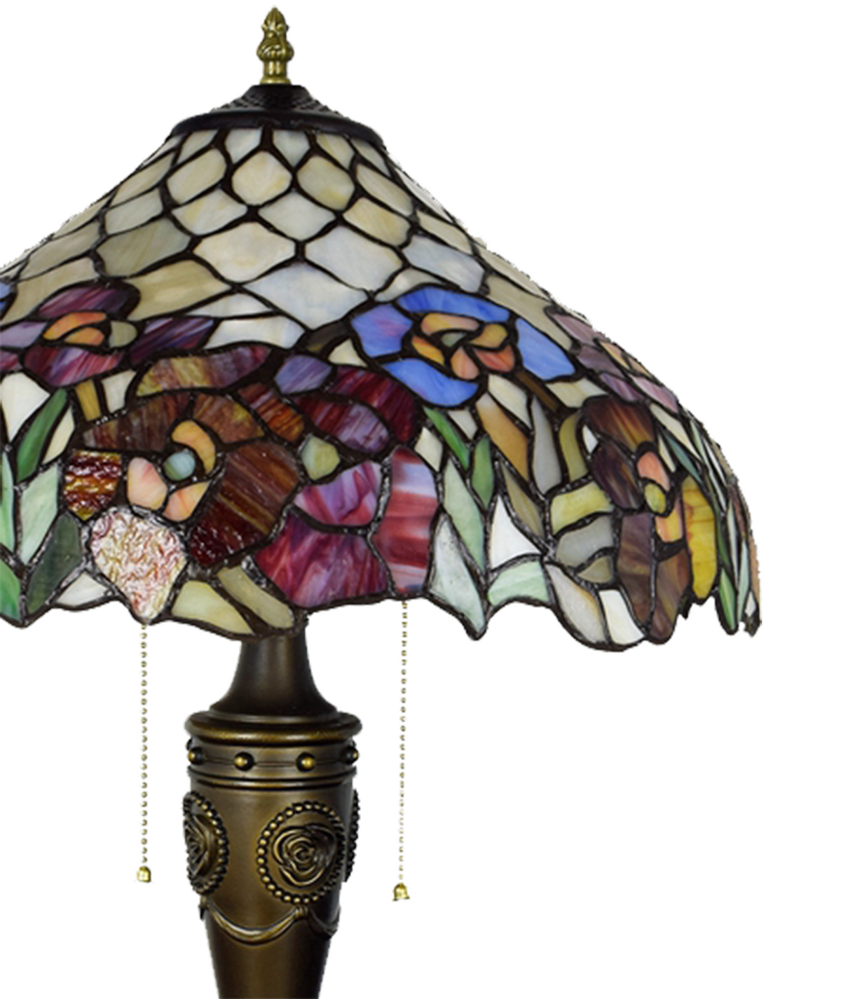 Tiffany Table Lamp with Floral Stained Glass and Carved Bronze