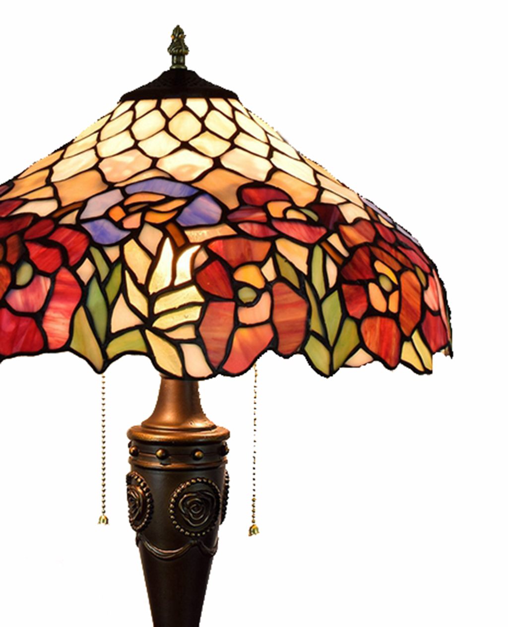 Tiffany Table Lamp with Floral Stained Glass and Carved Bronze