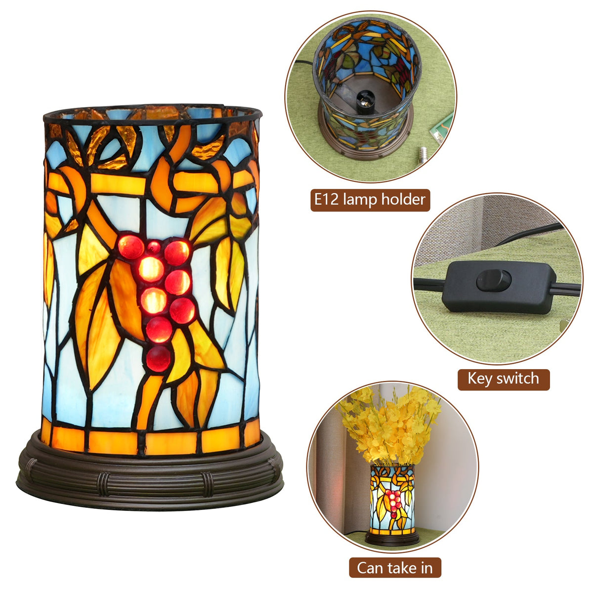 Tiffany Stained Glass Table Lamp with Berry Motifs