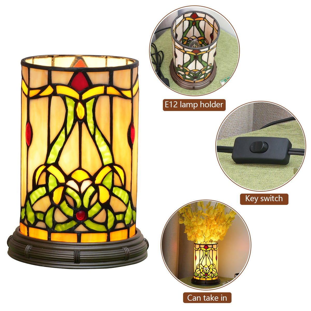 Floral Tinted Glass Table Lamp with Dimmable USB