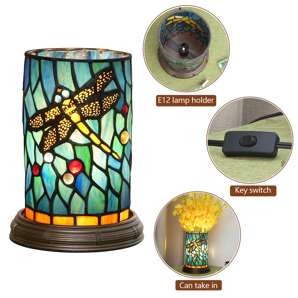 Tiffany Stained Glass Table Lamp with Blue-Green Dragonfly and USB Plug