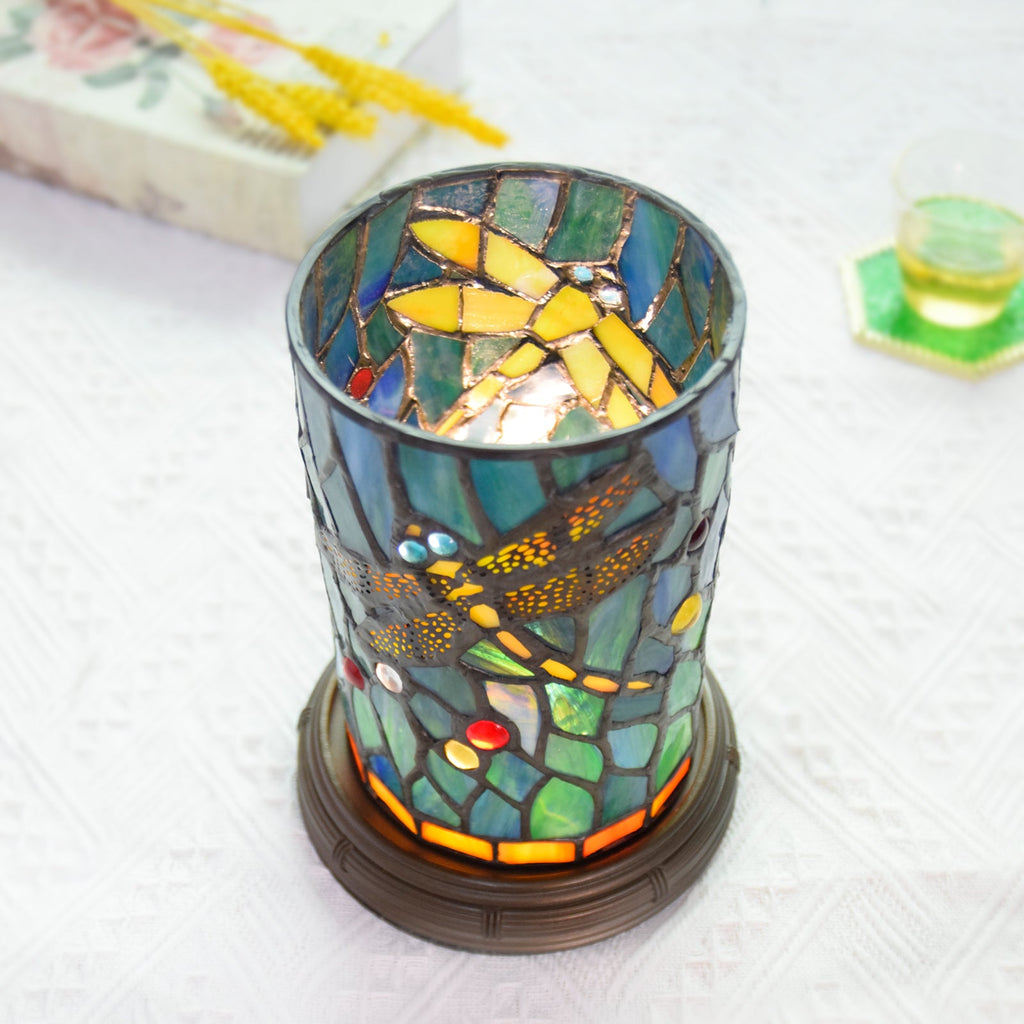 Tiffany Stained Glass Table Lamp with Blue-Green Dragonfly and USB Plug