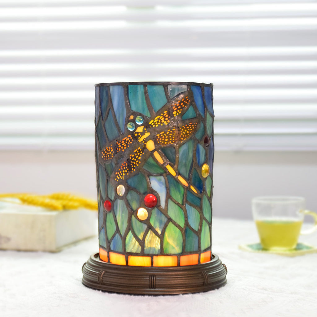 Tiffany Stained Glass Table Lamp with Blue-Green Dragonfly and USB Plug