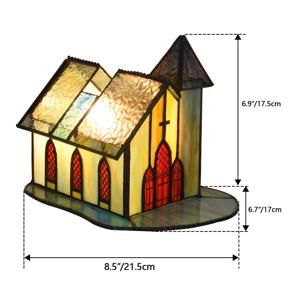 Church Table Lamp in Amber Stained Glass with Textured Roof