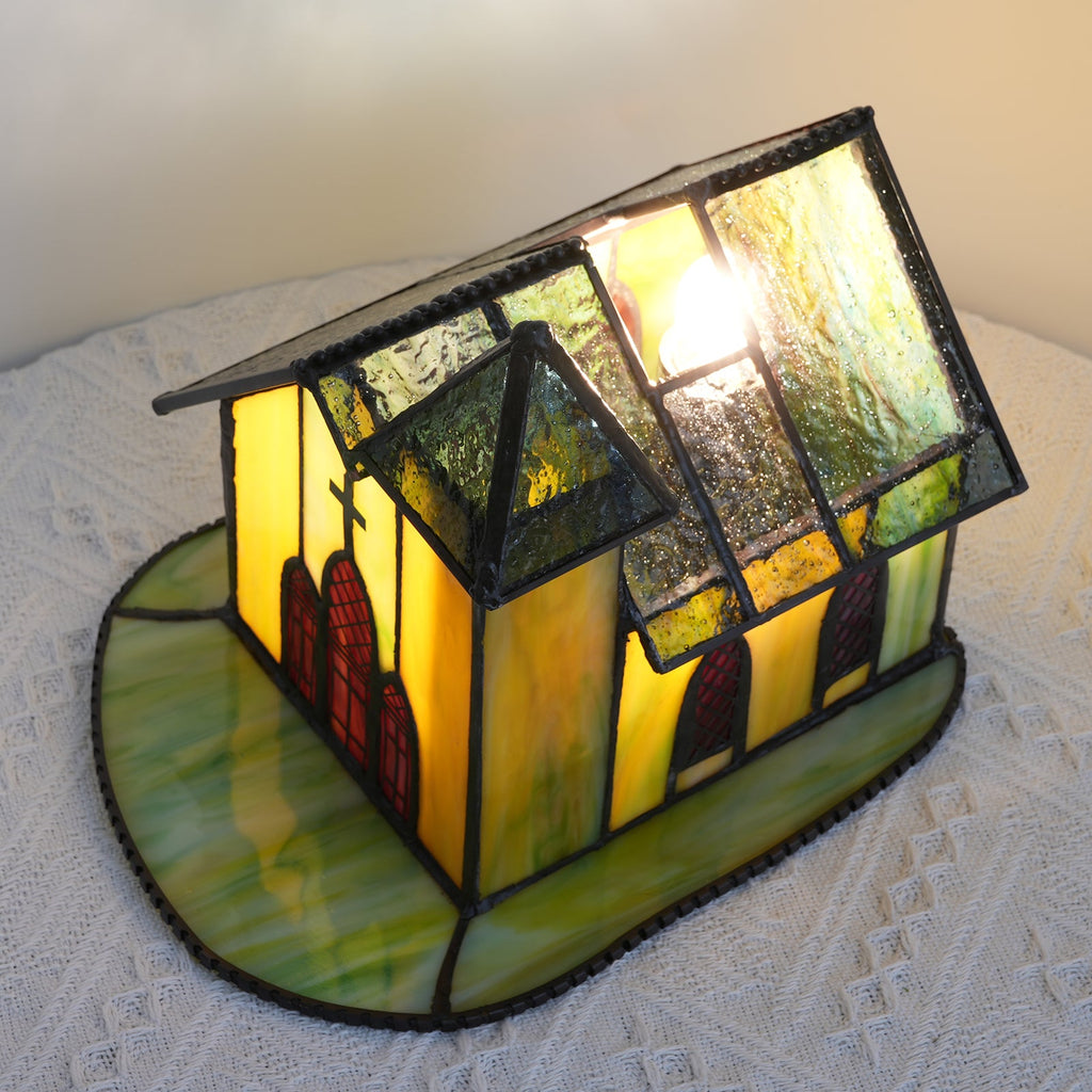 Church Table Lamp in Amber Stained Glass with Textured Roof