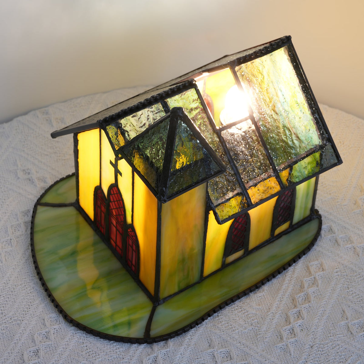 Church Table Lamp in Amber Stained Glass with Textured Roof