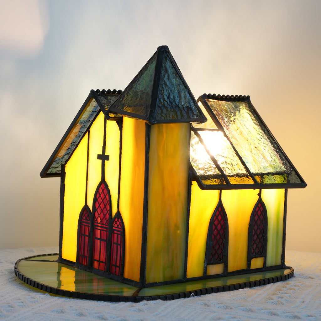 Church Table Lamp in Amber Stained Glass with Textured Roof