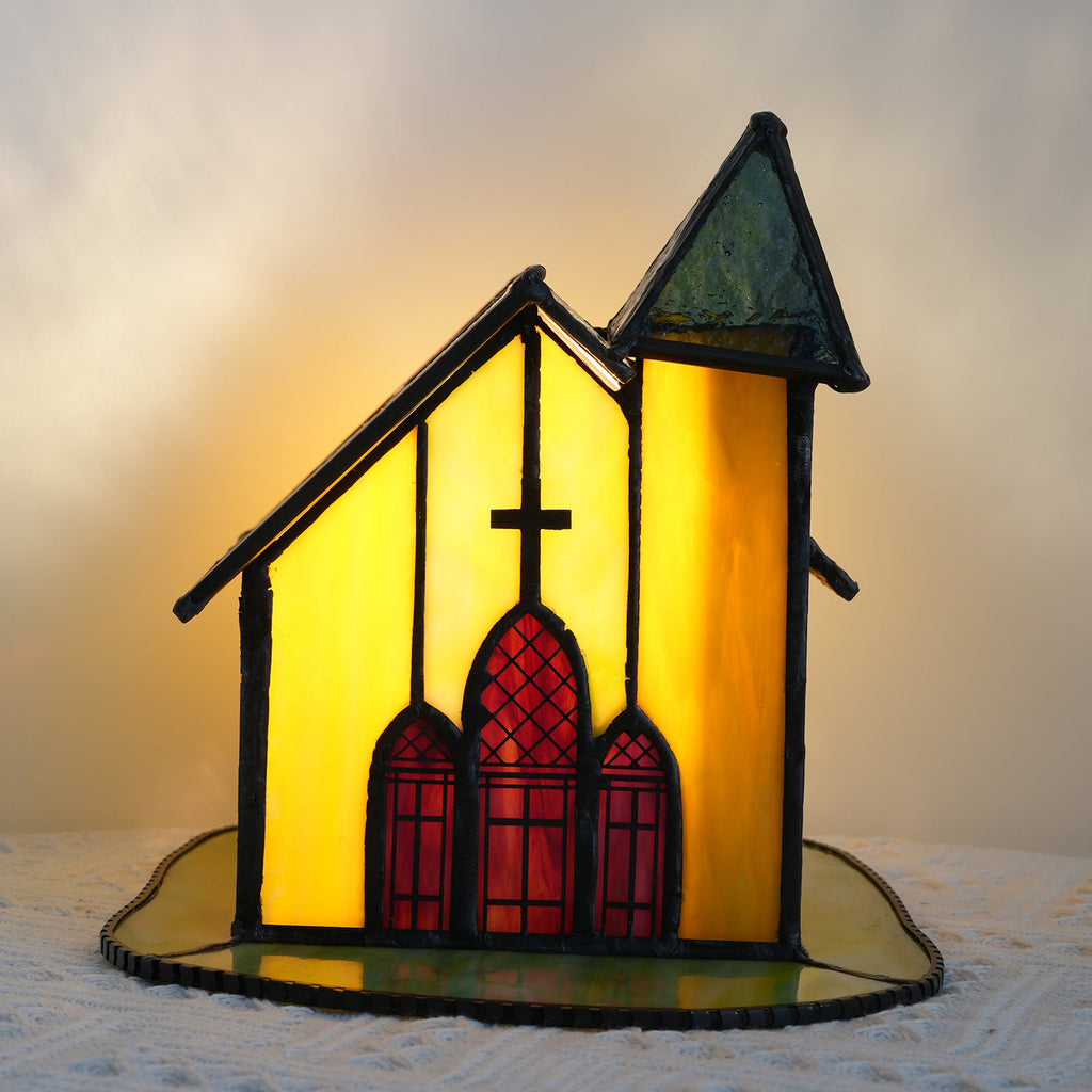 Church Table Lamp in Amber Stained Glass with Textured Roof