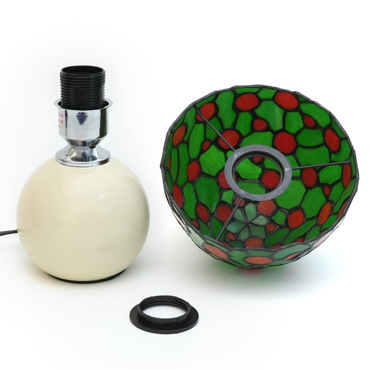 Tiffany Style Table Lamp in Green and Red Stained Glass
