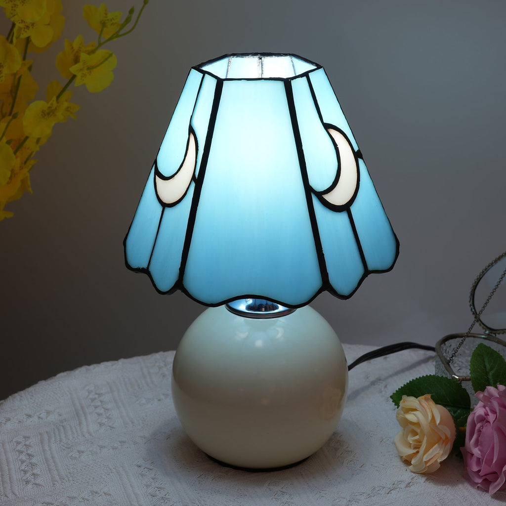 Tiffany Style Table Lamp, Blue, Moons, Cream Base