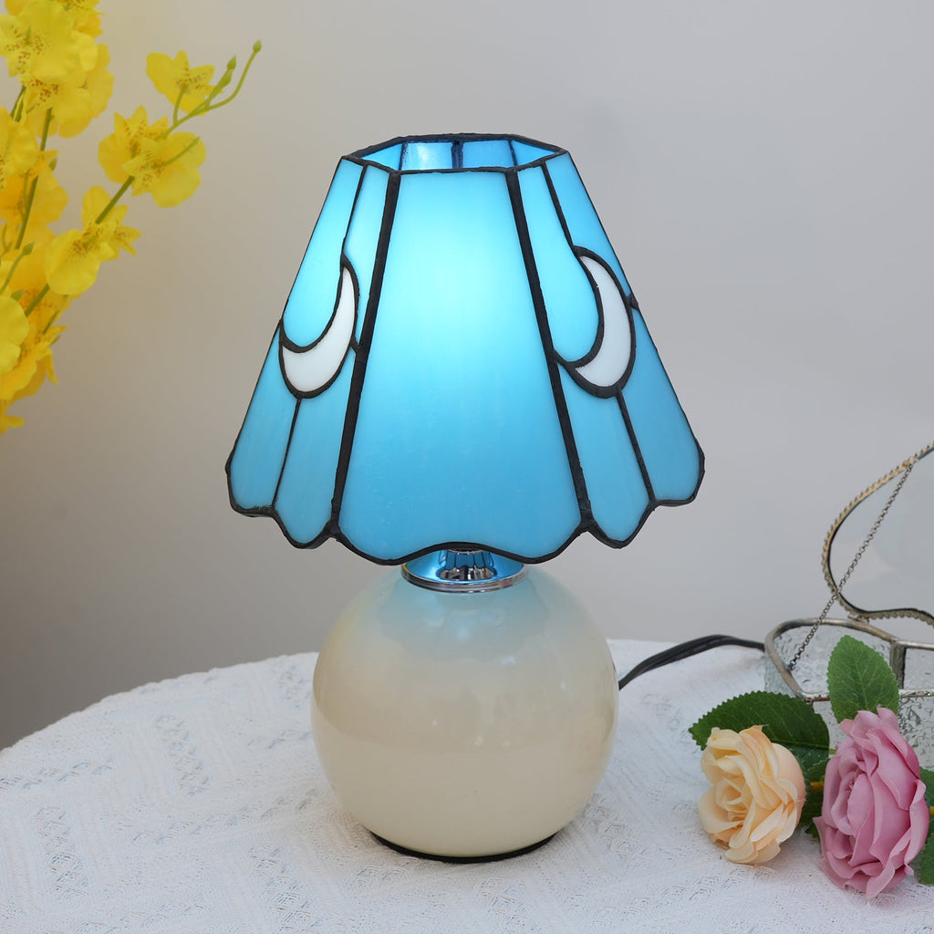 Tiffany Style Table Lamp, Blue, Moons, Cream Base